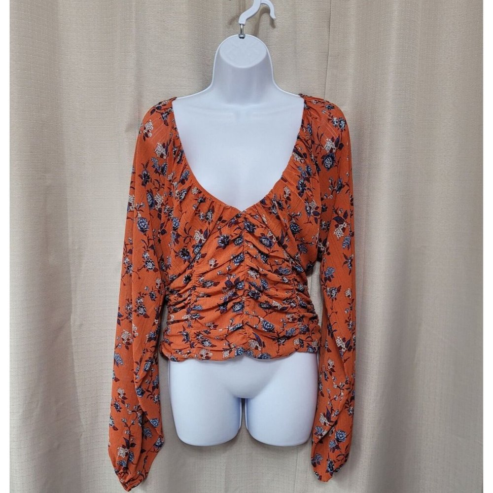 Free People New Final Rose Blouse Women's Sz Small Floral Print Rust Combo NWT